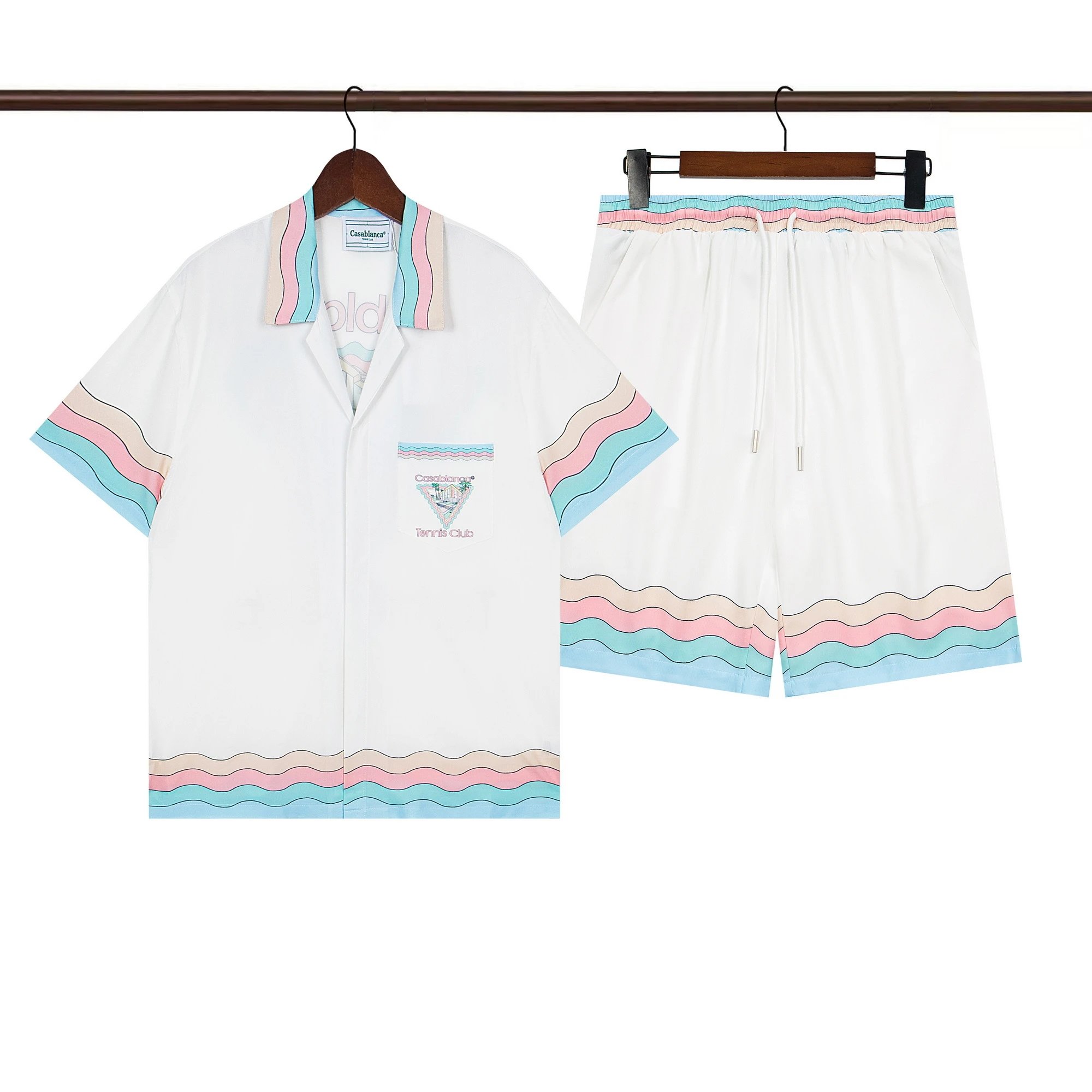 Casablanca Tennis Club Wave Stripe Pique Shirt & Shorts Set White/Pink/Blue