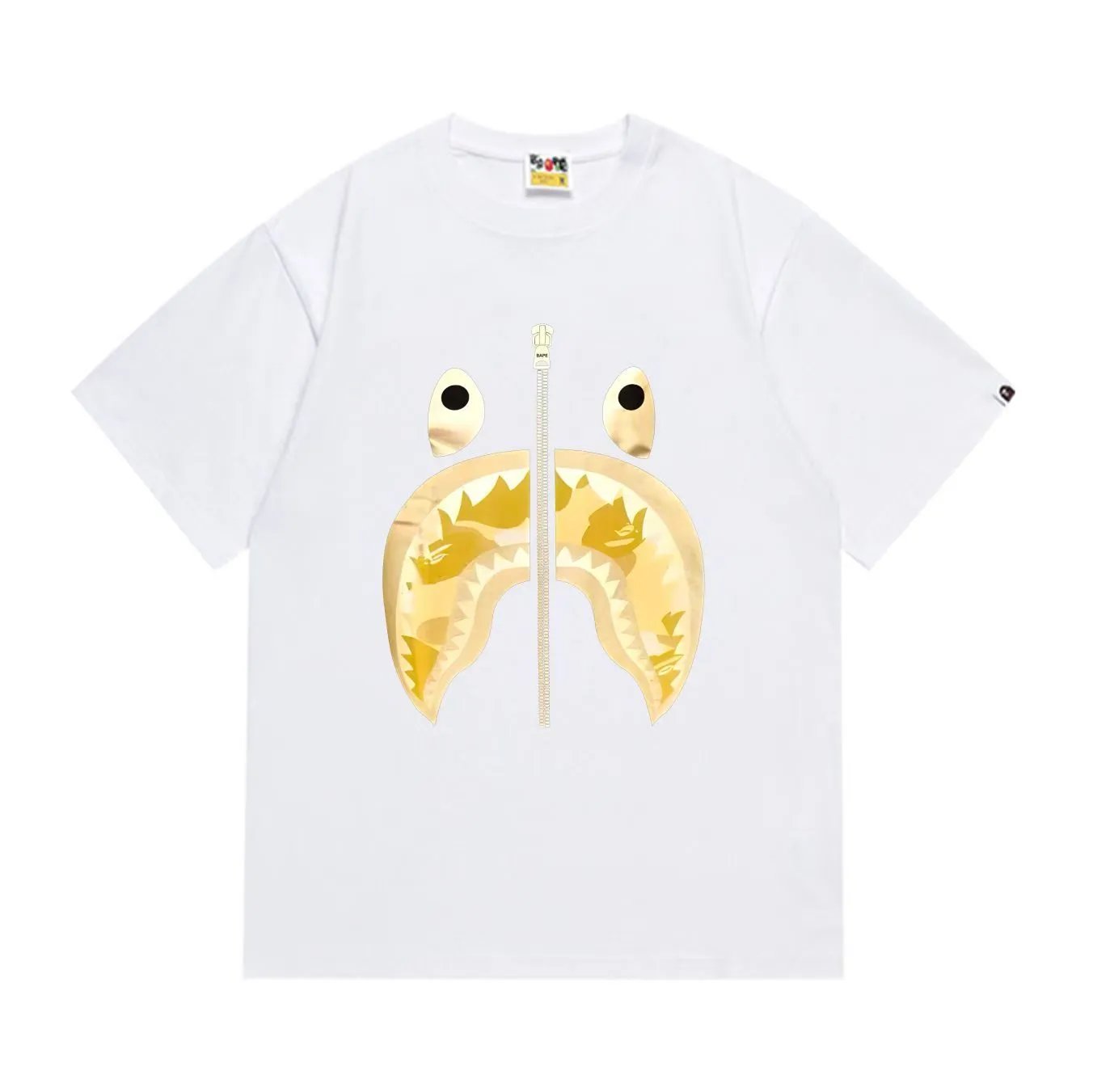 BAPE Gold Camo Shark Face Zip Tee White