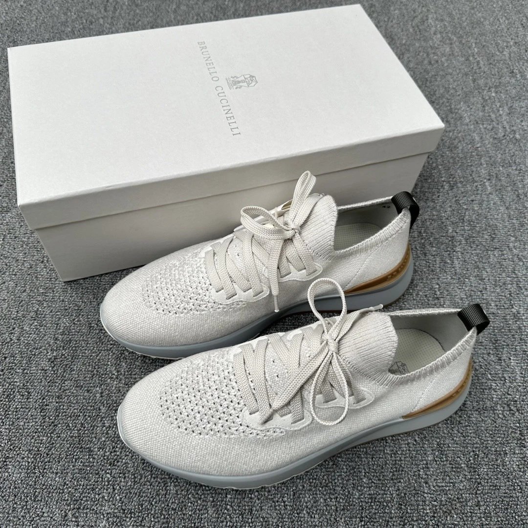Brunello Cucinelli Knit Lace Up Sneaker White Gold