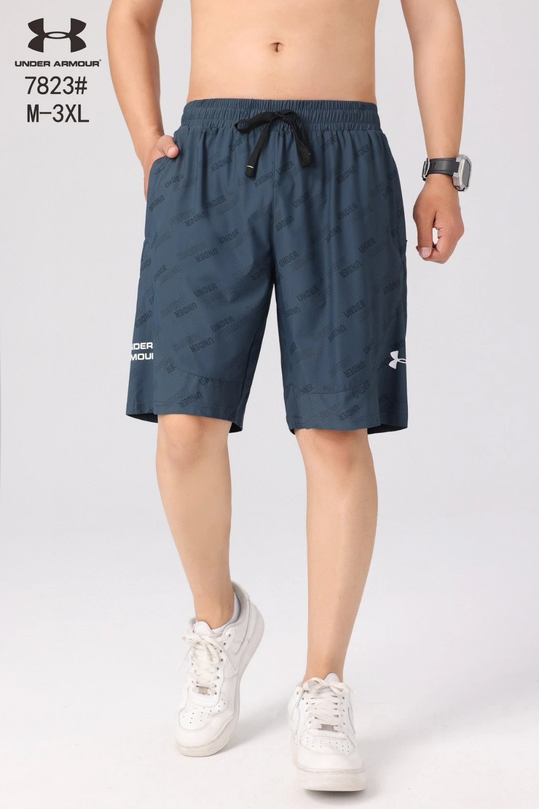 Under Armour 7823 All-Over Wordmark Athletic Shorts Slate Blue