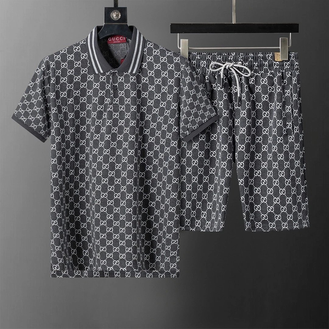 Gucci GG Monogram Polo Shirt and Shorts Set Dark Grey