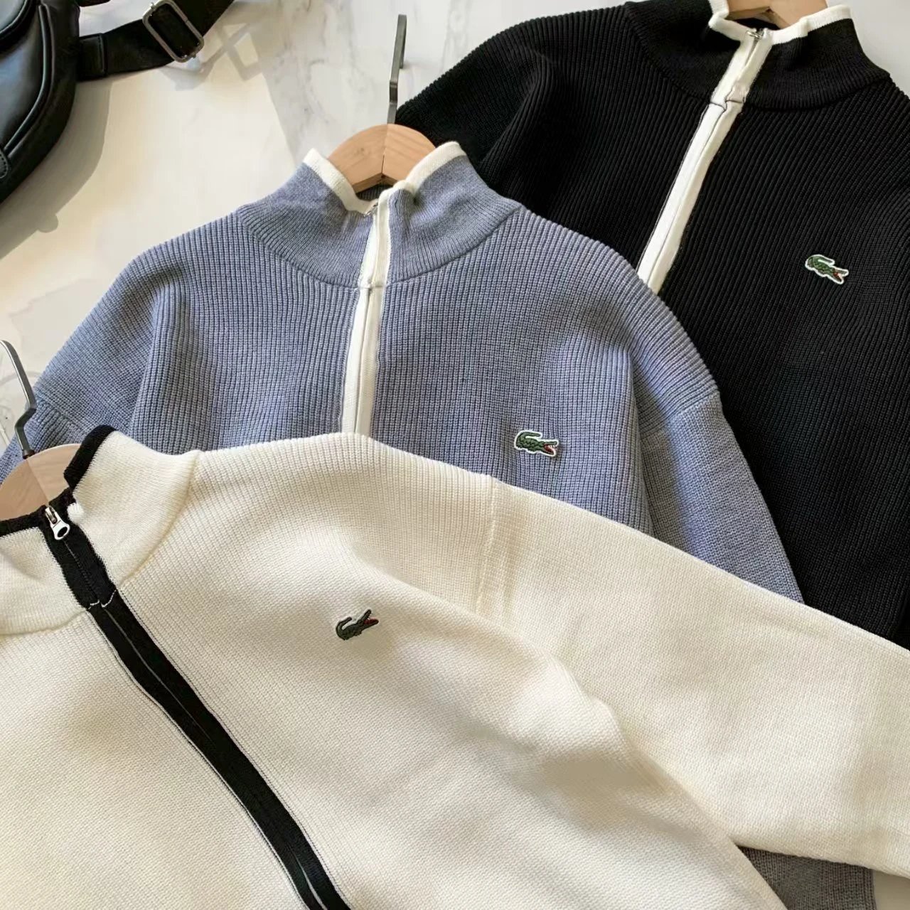 Lacoste Zip-Up Knit Sweater White with Black Trim - 5
