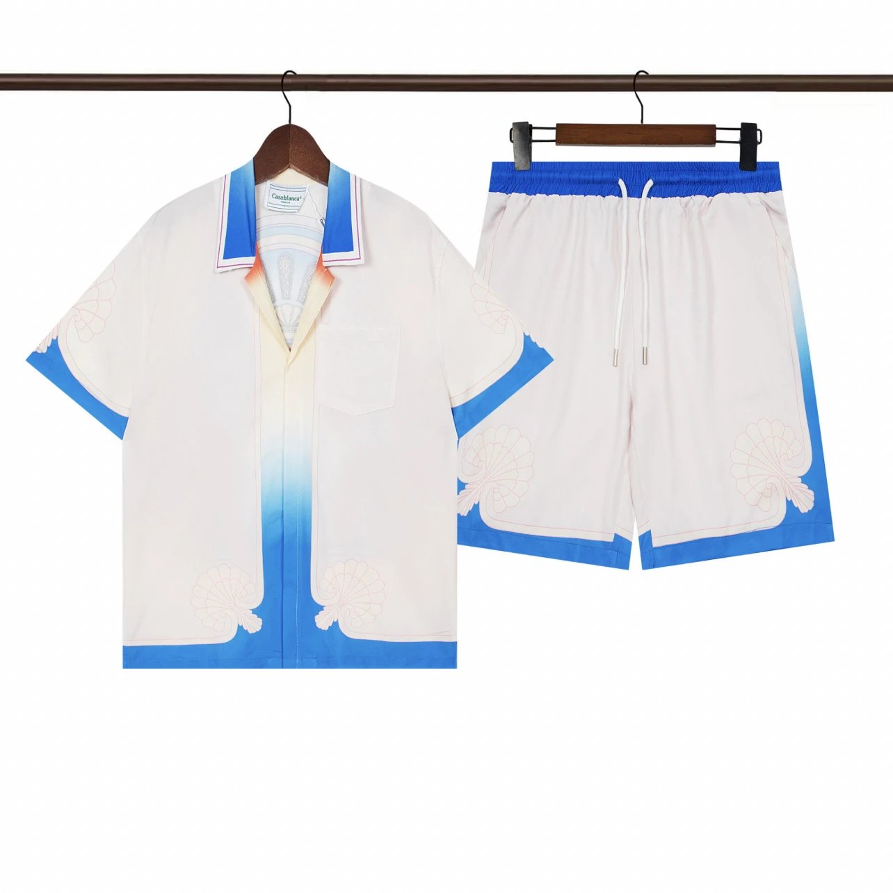 Casablanca La Coquille Shell Silk Shirt & Shorts Set Cream/Blue