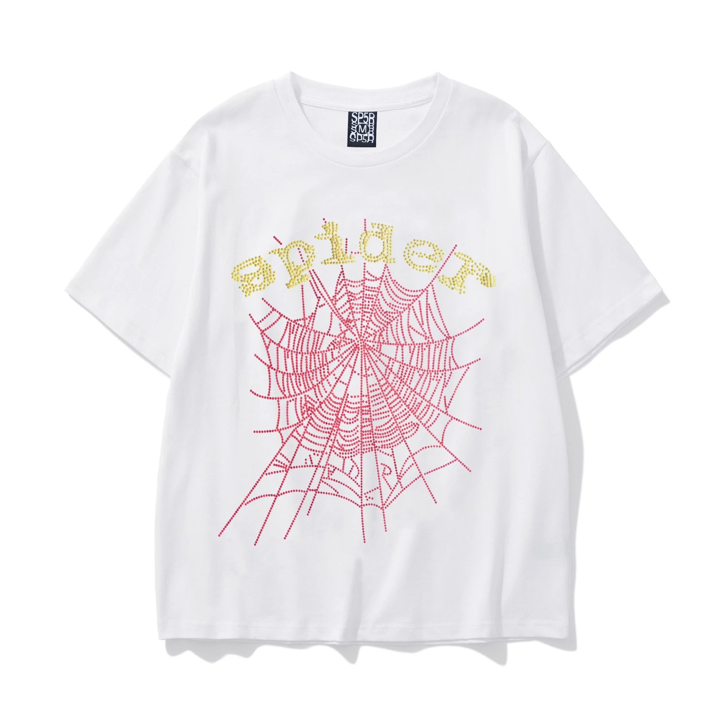 Sp5der Rhinestone Web Tee White Pink Yellow