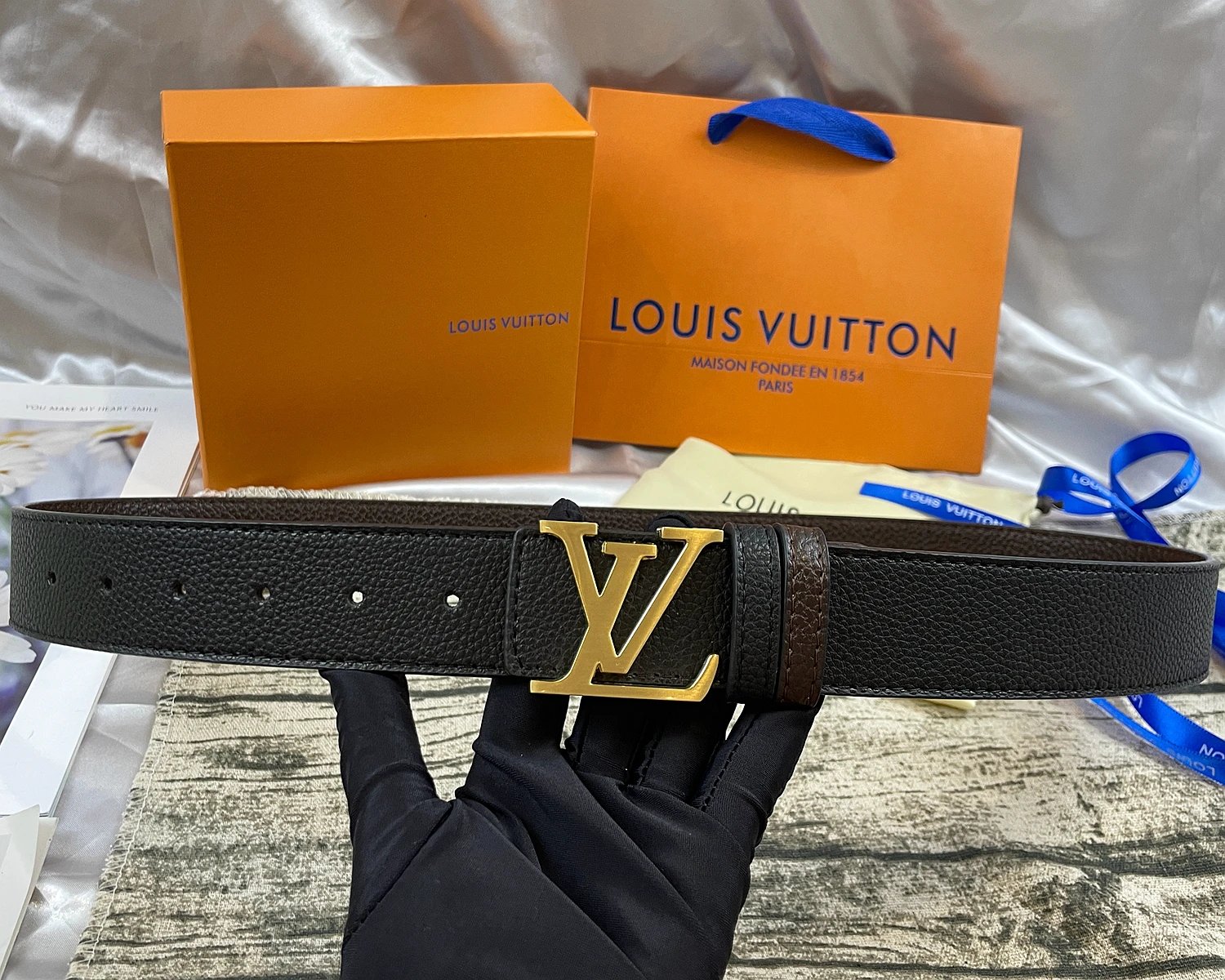 Louis Vuitton Initiales Reversible Belt Gold Buckle Black Brown