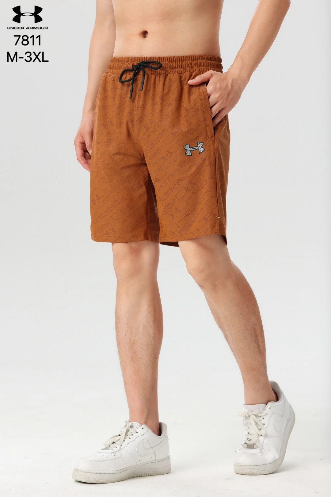 Under Armour 7811 All-Over Logo Print Athletic Shorts Tan Brown