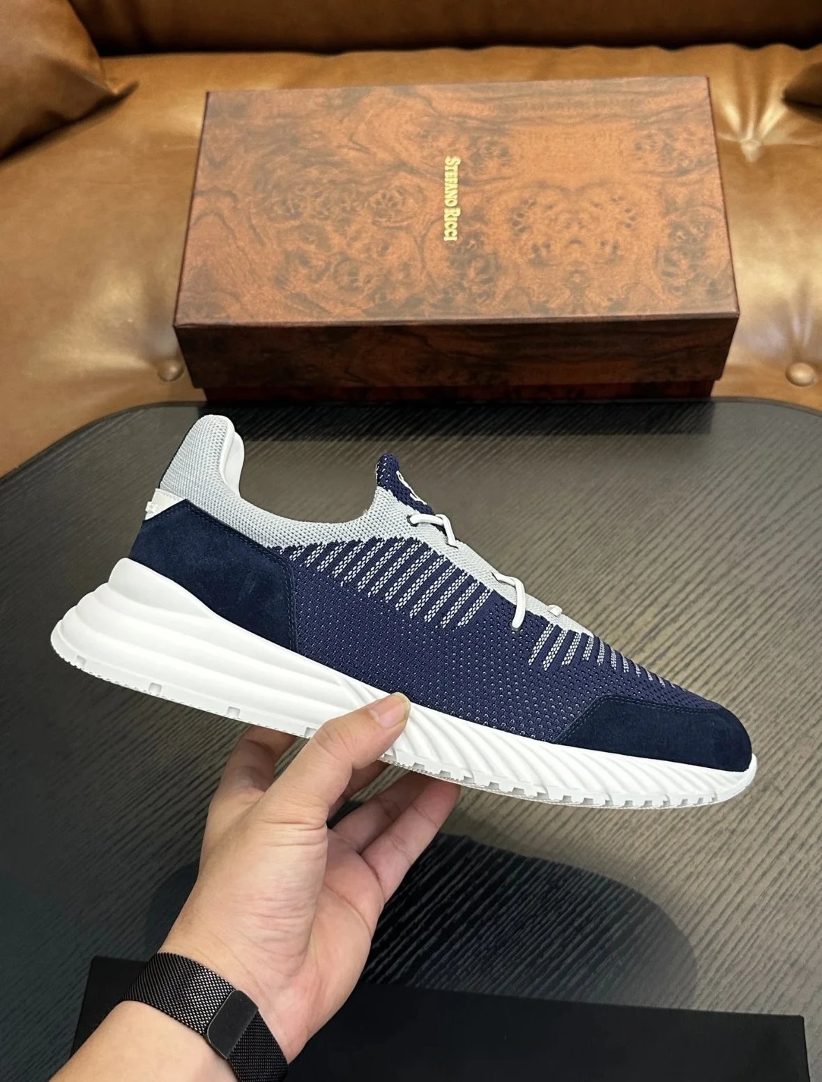 Stefano Ricci Knit Runner Sneaker Navy Grey White