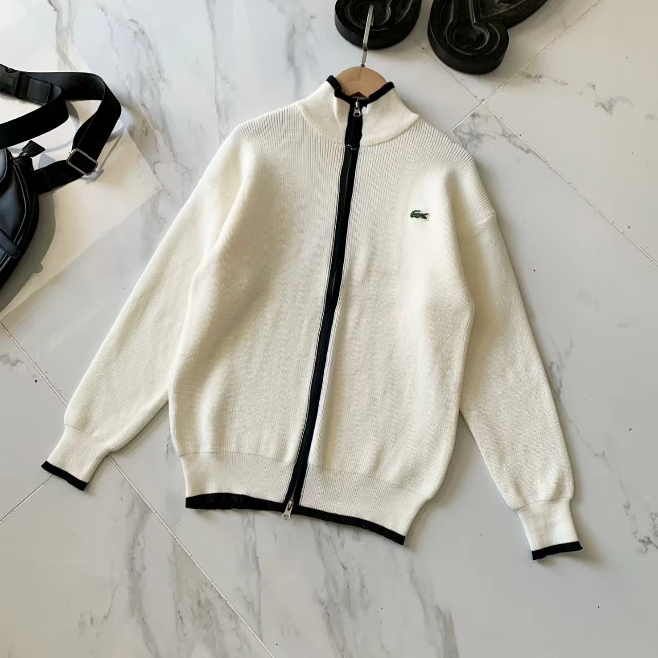 Lacoste Zip-Up Knit Sweater White with Black Trim - 8