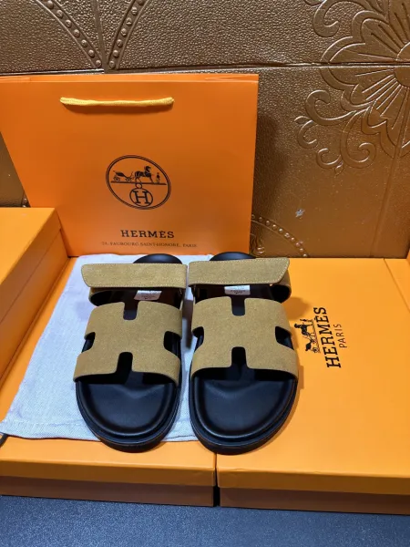 Hermès Oran Sandals Gold Suede and Black Rubber Slippers - 1
