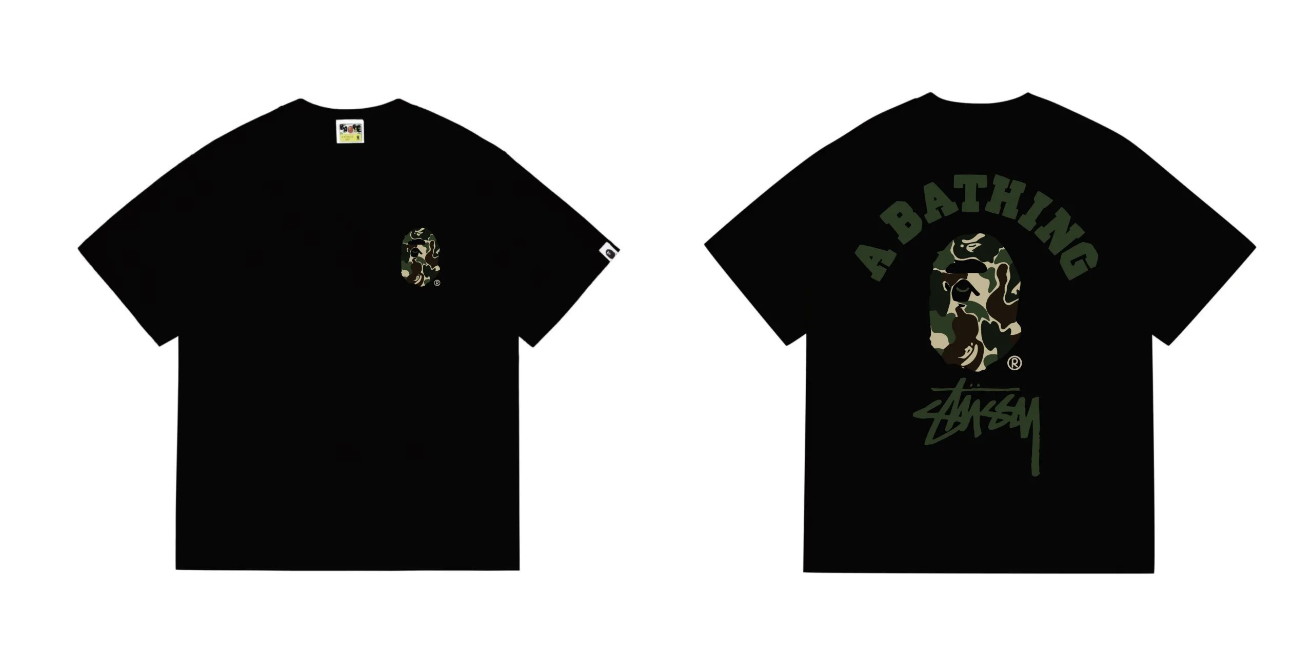 BAPE x Stussy ABC Camo College T-Shirt Black Green Camo