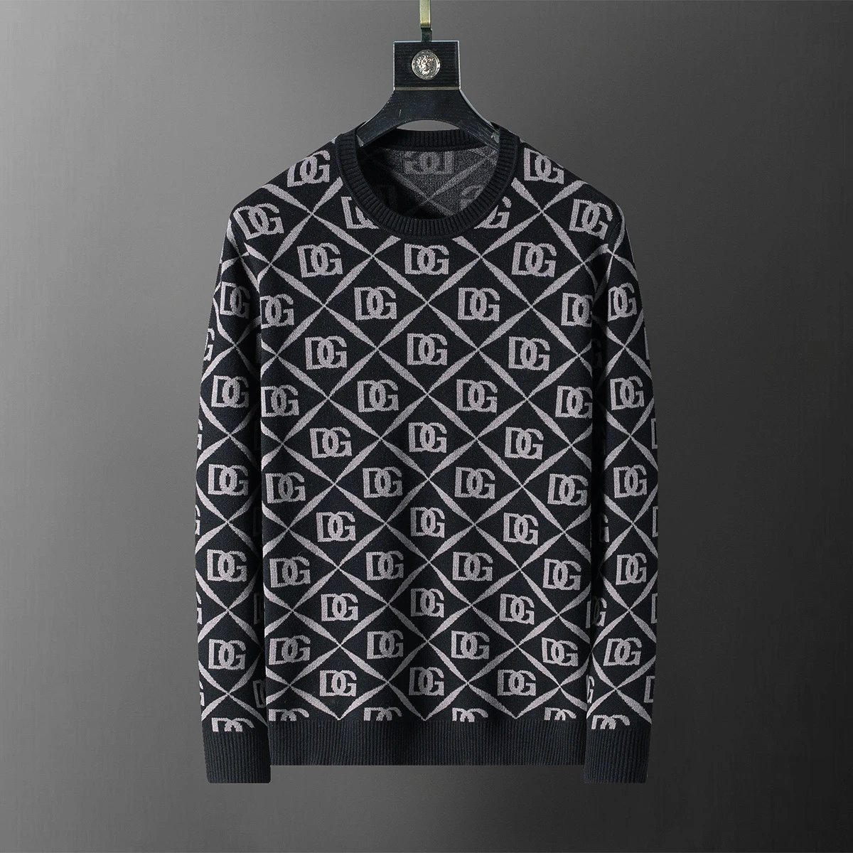 Louis Vuitton Monogram Knit Sweater Charcoal Gray with Light Blue LV and Flower Motifs - 9