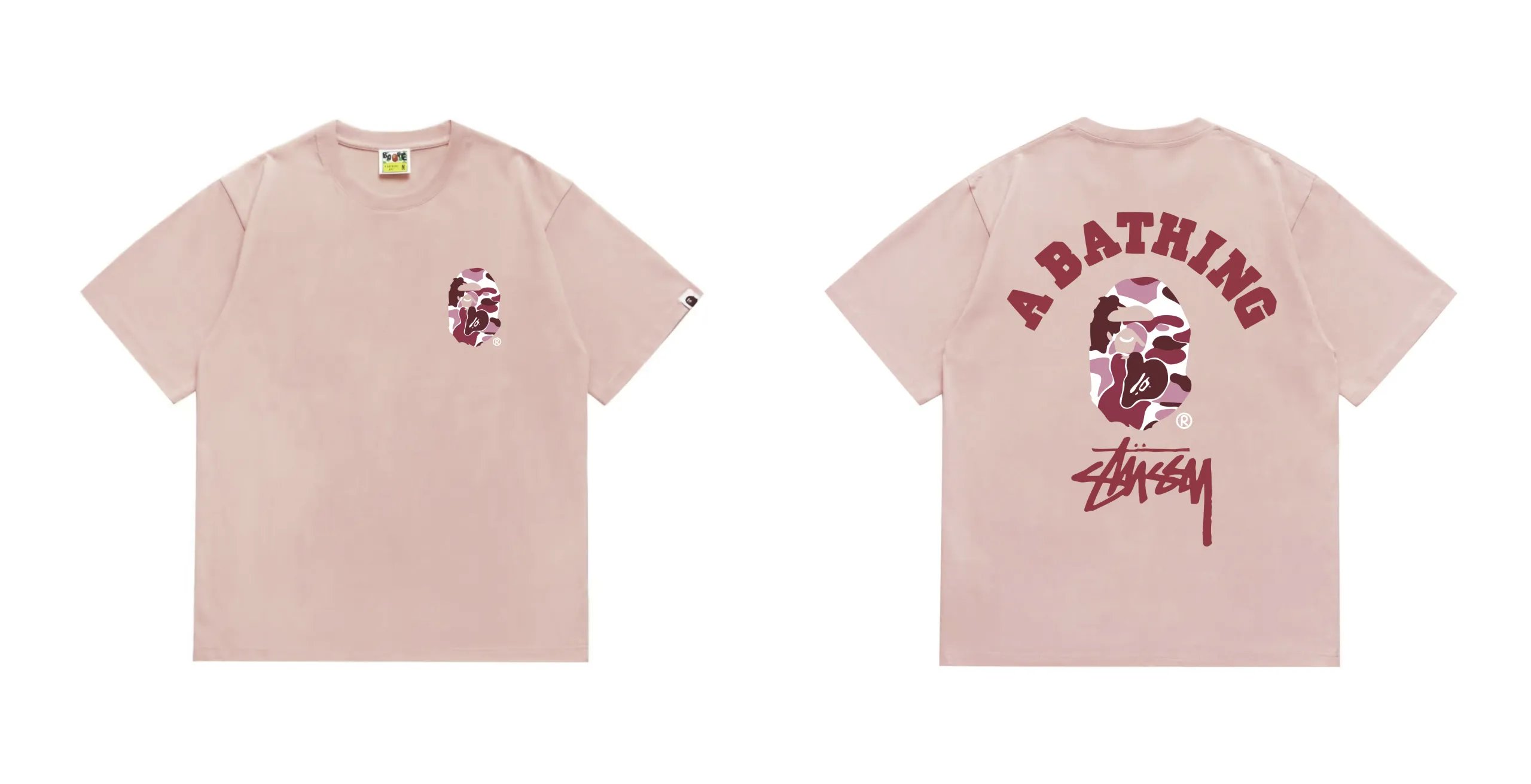 BAPE x Stussy ABC Camo College T-Shirt Pink Red Camo