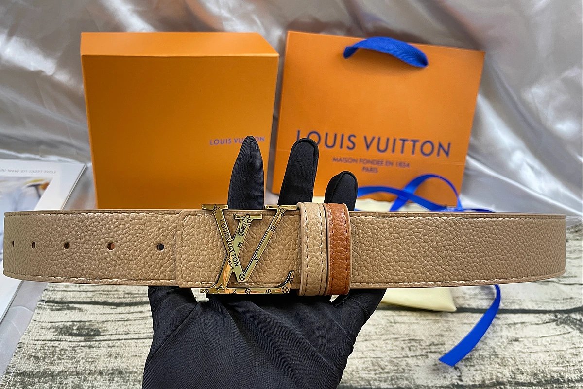Louis Vuitton LV Initiales Pebbled Belt Olive Green Silver Buckle