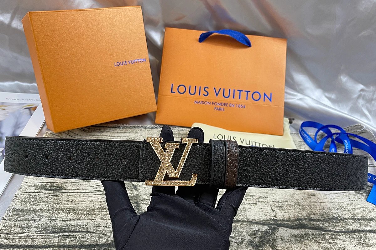 Louis Vuitton Initiales Reversible Belt Crystal Gold Buckle Black Brown