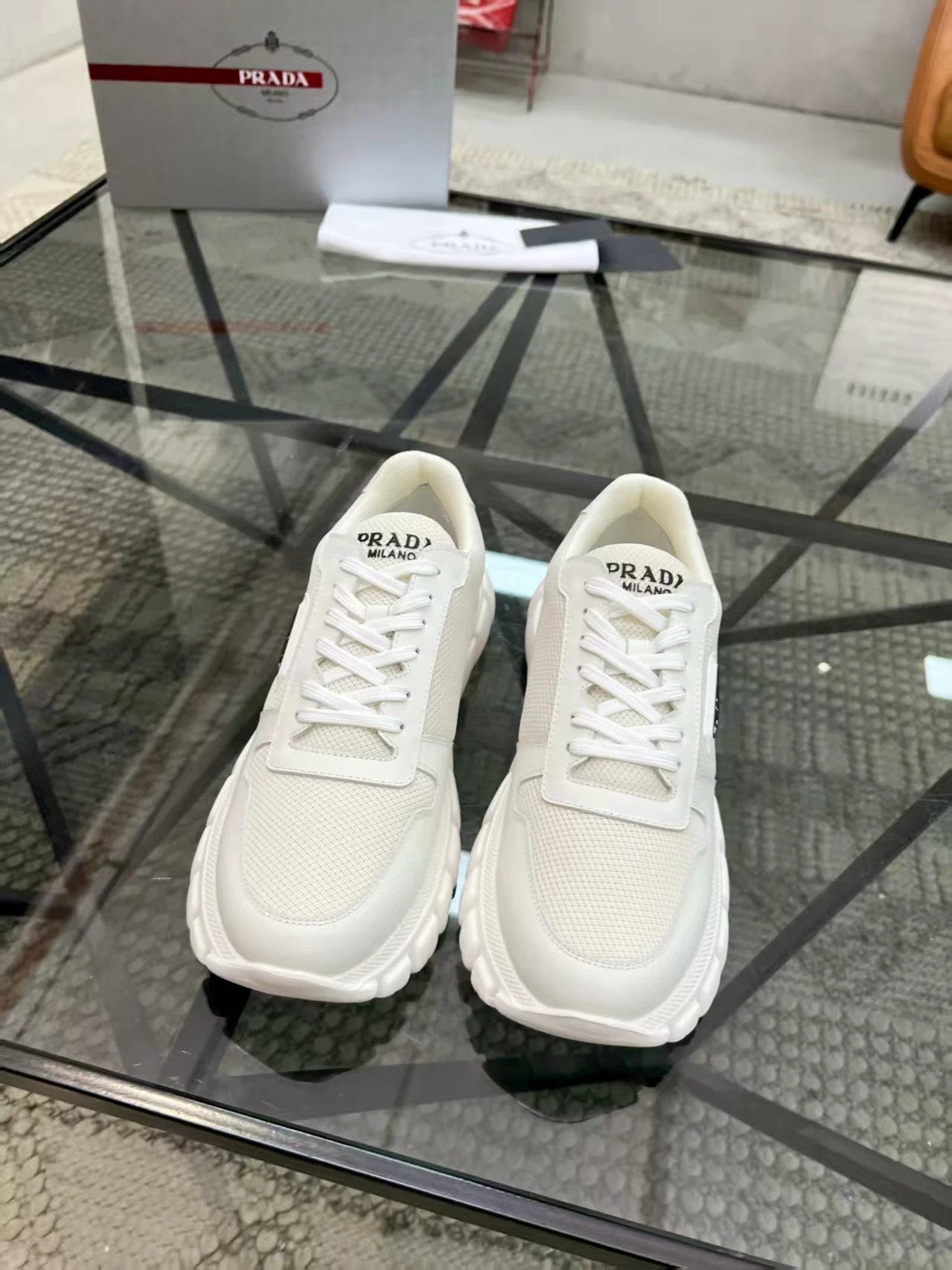 Prada Mesh Leather Chunky Sneaker White