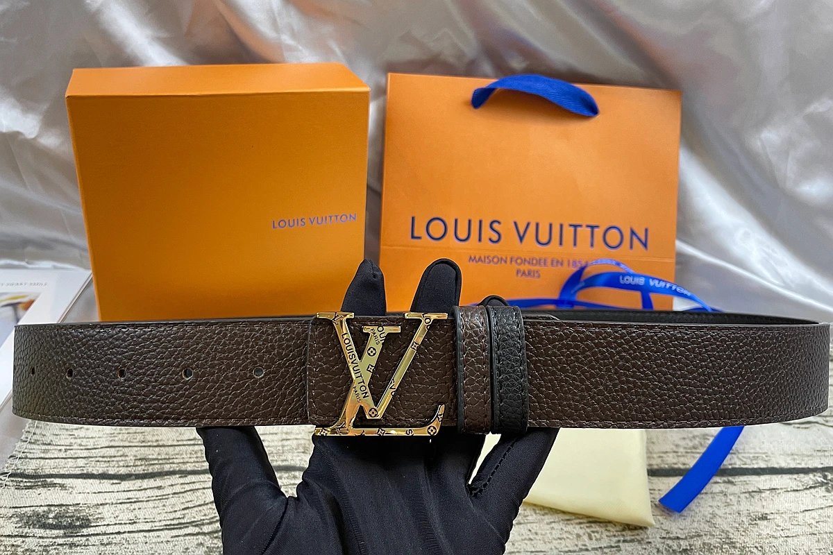 Louis Vuitton LV Pyramide Reversible Belt Brown Beige Gold Buckle