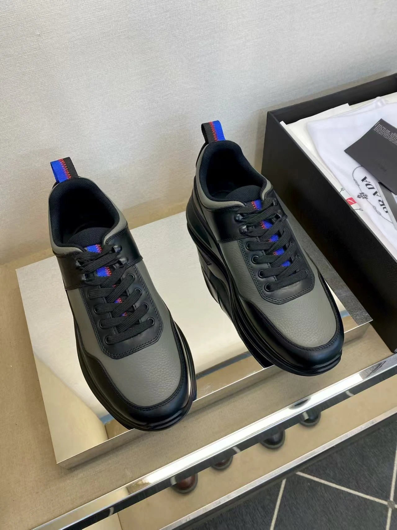 Prada Downtown Leather Sneaker Grey Black