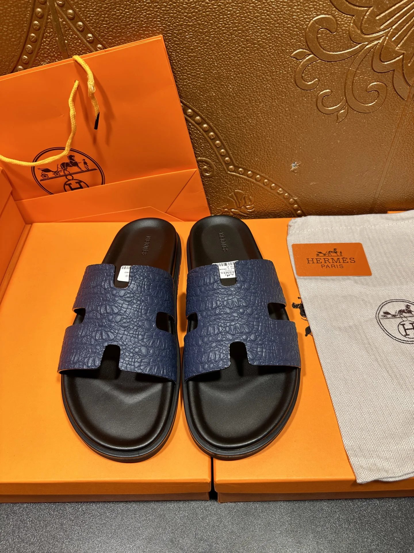 Hermes Izmir Sandal Navy Blue Embossed