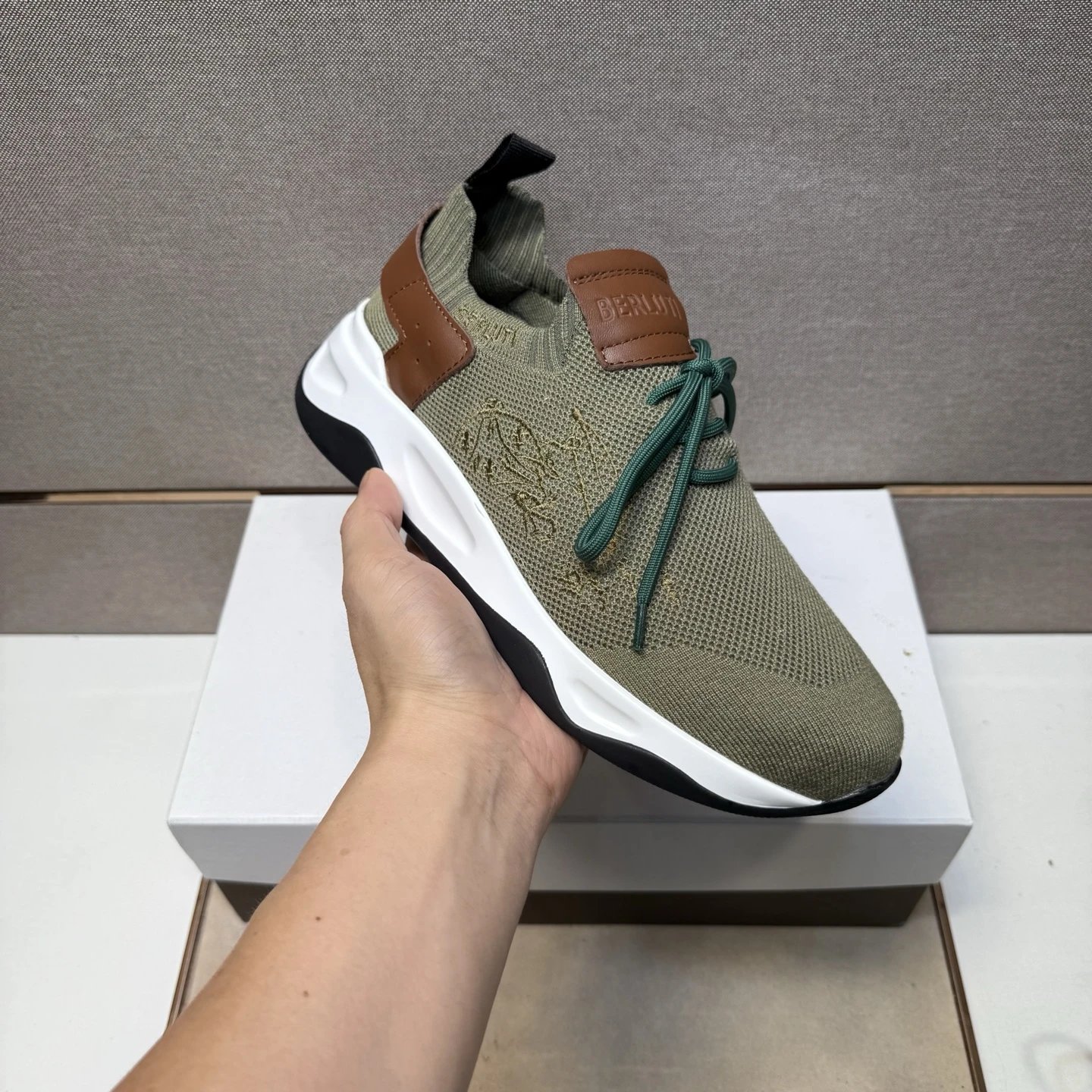 Berluti Run Track Knit Sneaker Olive Brown