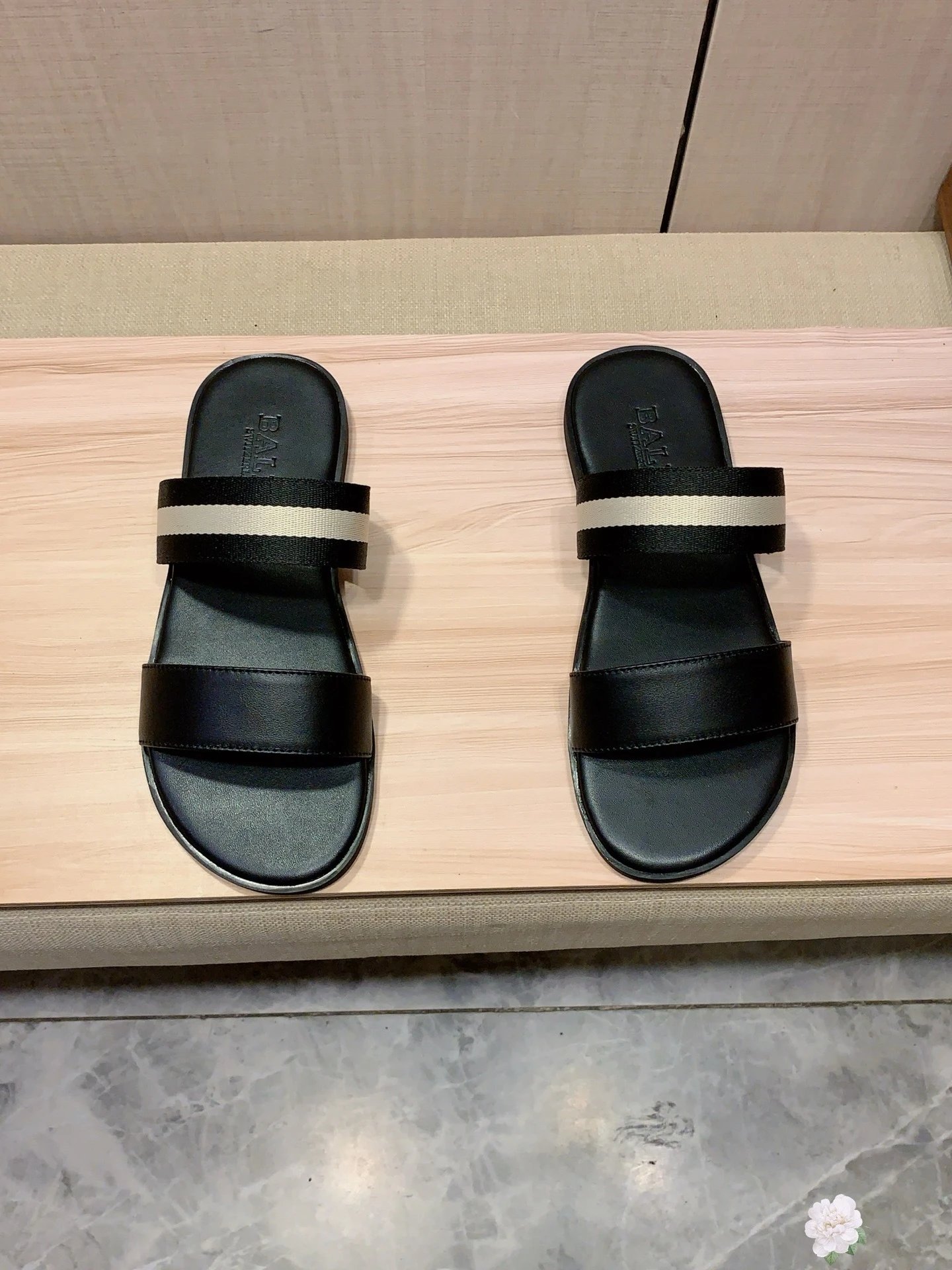 Design Bally Striped Strap Slide Sandals Black Slippers - 6