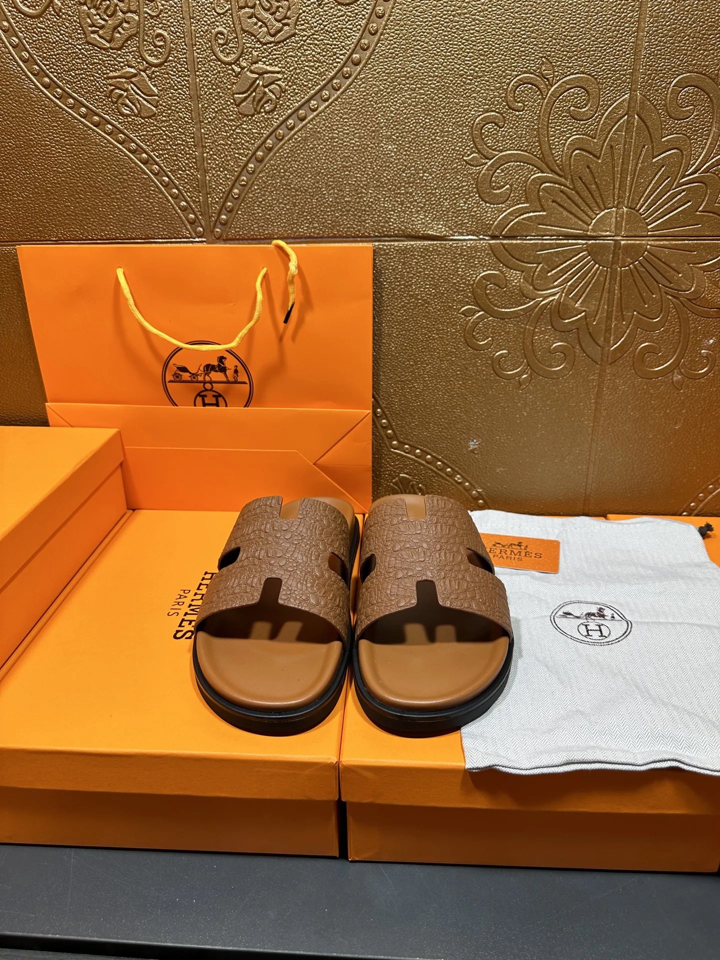 Hermes Izmir Sandal Brown Embossed