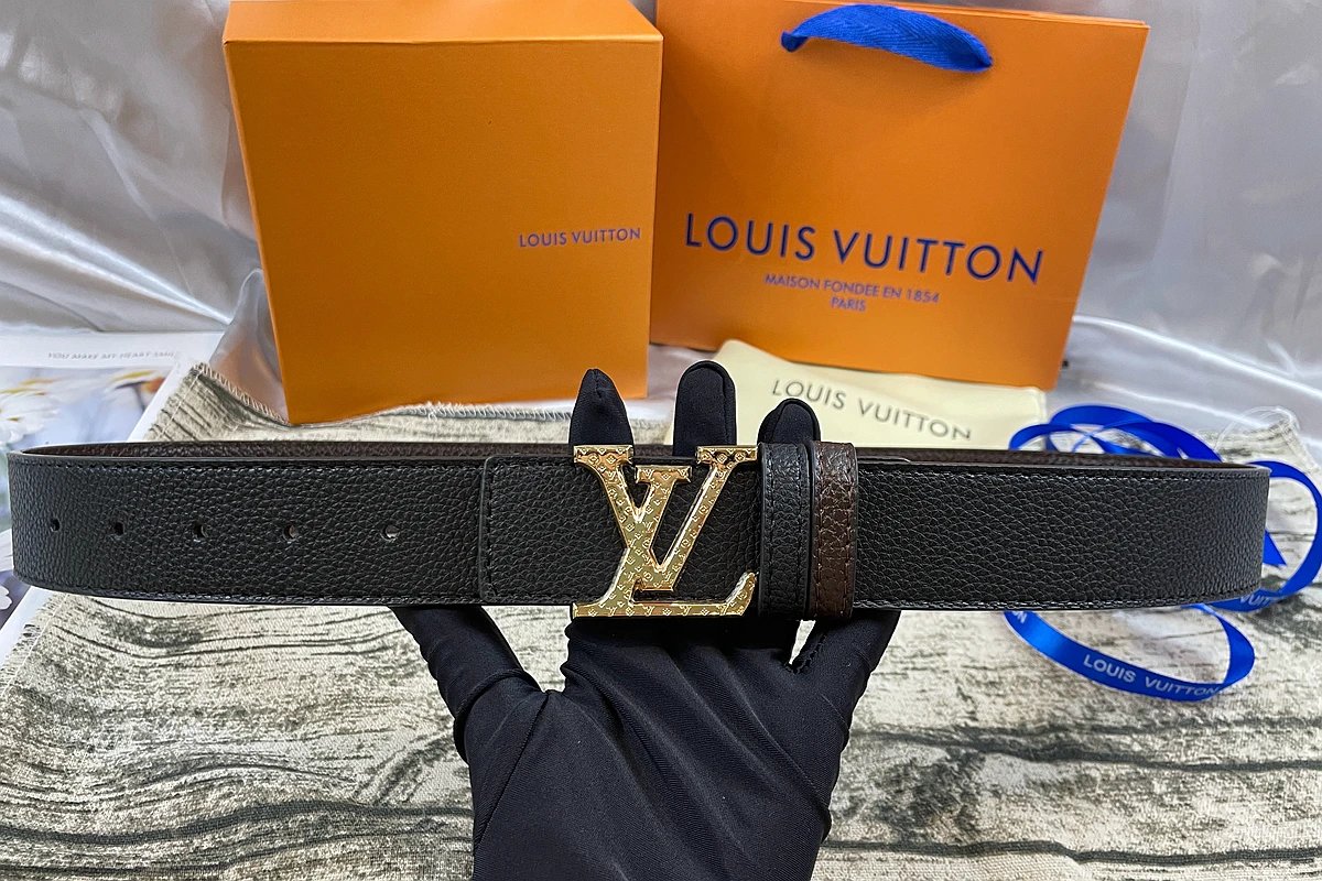 Louis Vuitton Initiales Reversible Belt Studded Gold Buckle Black Brown