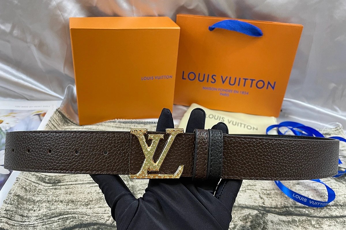 Louis Vuitton Initiales Reversible Belt Studded Gold Buckle Dark Brown Black