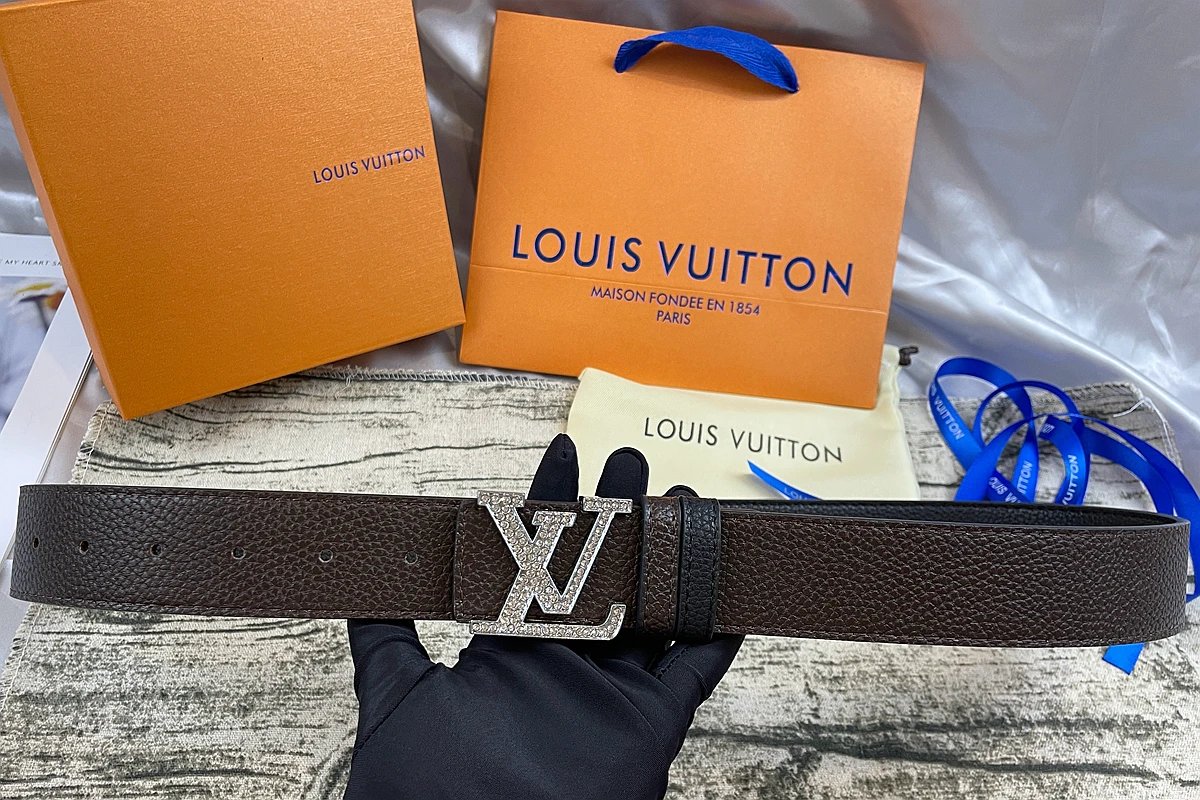 Louis Vuitton Initiales Reversible Belt Crystal Silver Buckle Dark Brown Black