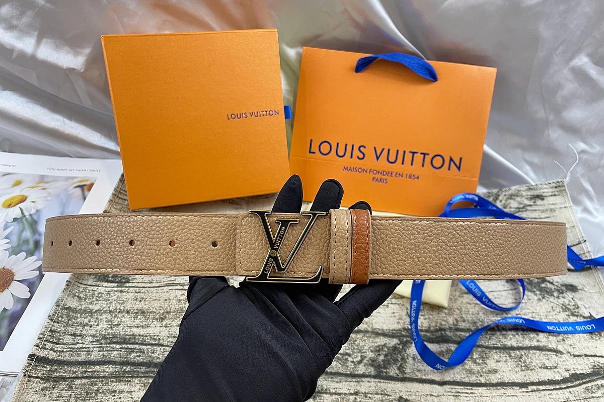 Louis Vuitton Initiales Reversible Belt Engraved Silver Buckle Beige Tan