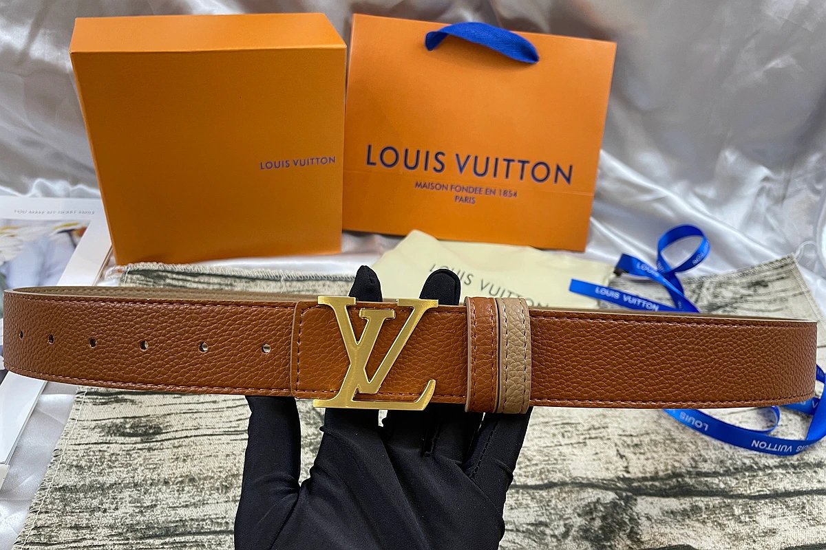 Louis Vuitton Initiales Reversible Belt Gold Buckle Tan Beige