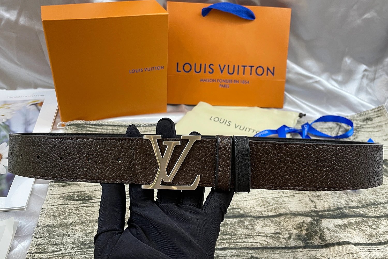 Louis Vuitton Initiales Reversible Belt Silver Buckle Dark Brown Black