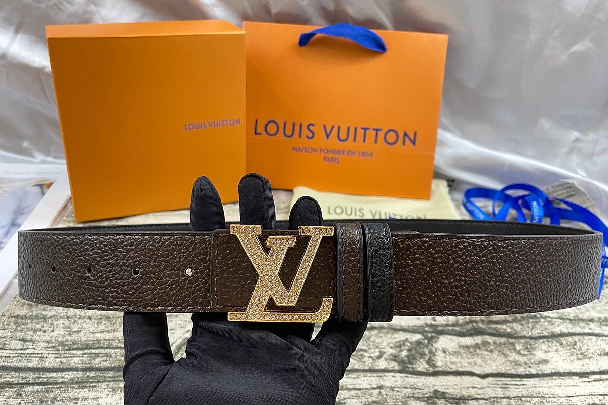 Louis Vuitton Initiales Reversible Belt Crystal Gold Buckle Dark Brown Black
