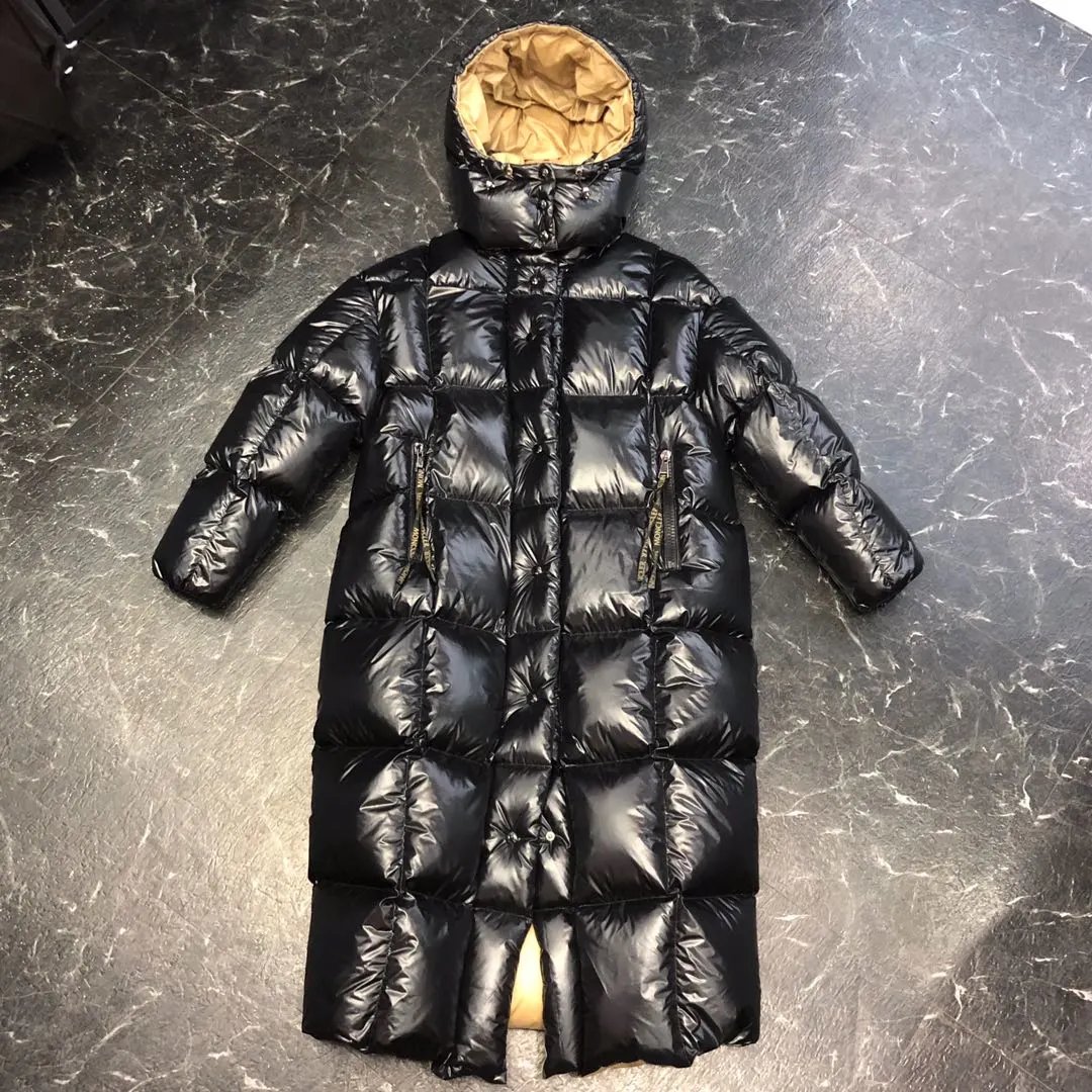 Moncler Long Shiny Down Coat Black Gold Zip