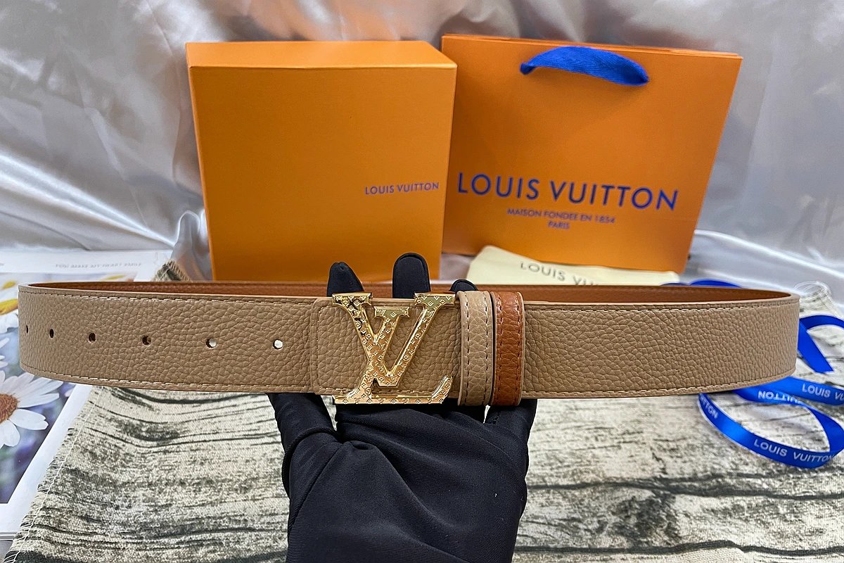 Louis Vuitton Initiales Reversible Belt Studded Gold Buckle Beige Tan