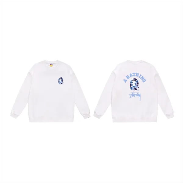 A Bathing Ape x Stussy Camo Ape Head Crewneck Sweatshirt White Hoodie - 11