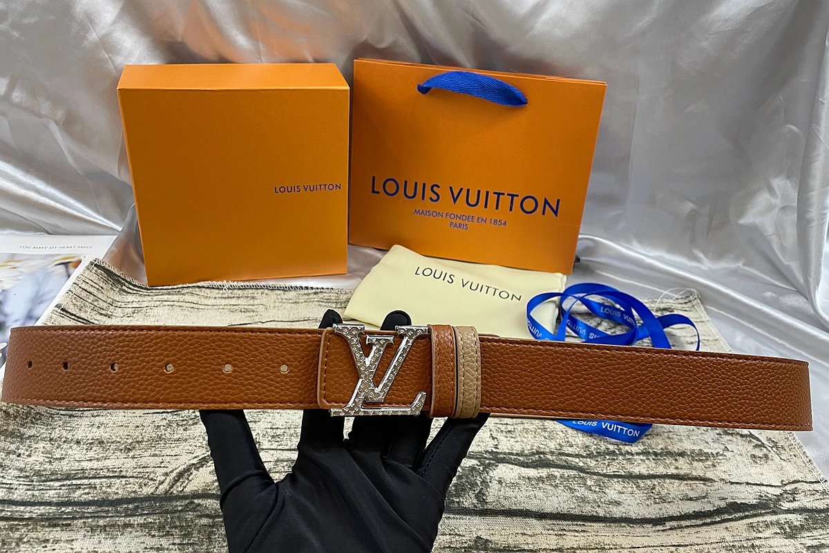 Louis Vuitton Initiales Reversible Belt Studded Silver Buckle Tan Beige