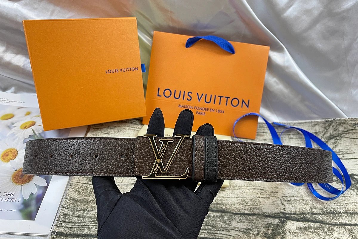 Louis Vuitton Initiales Reversible Belt Engraved Gold Buckle Dark Brown Black