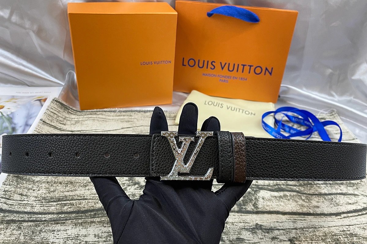 Louis Vuitton Initiales Reversible Belt Studded Silver Buckle Black Brown