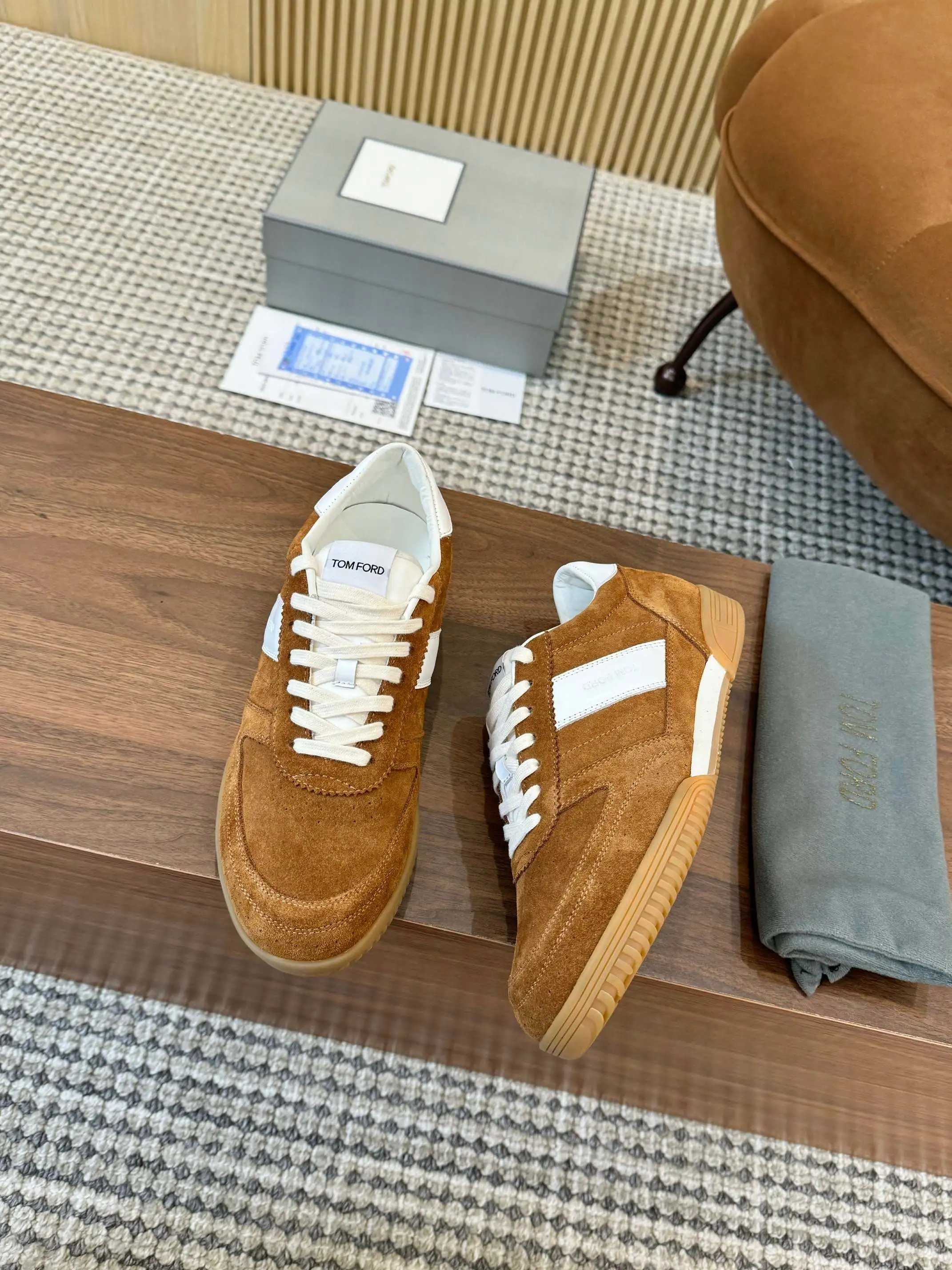 Tom Ford Denim Low Top Sneaker Tan Brown White