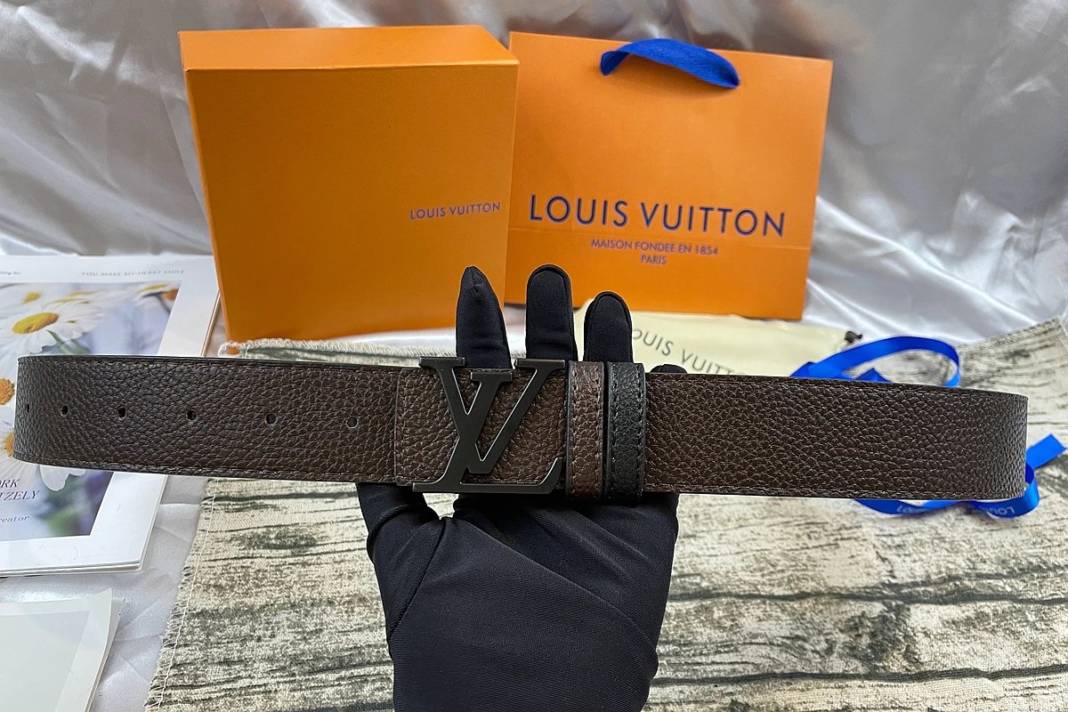 Louis Vuitton Initiales Reversible Belt Matte Black Buckle Dark Brown Black