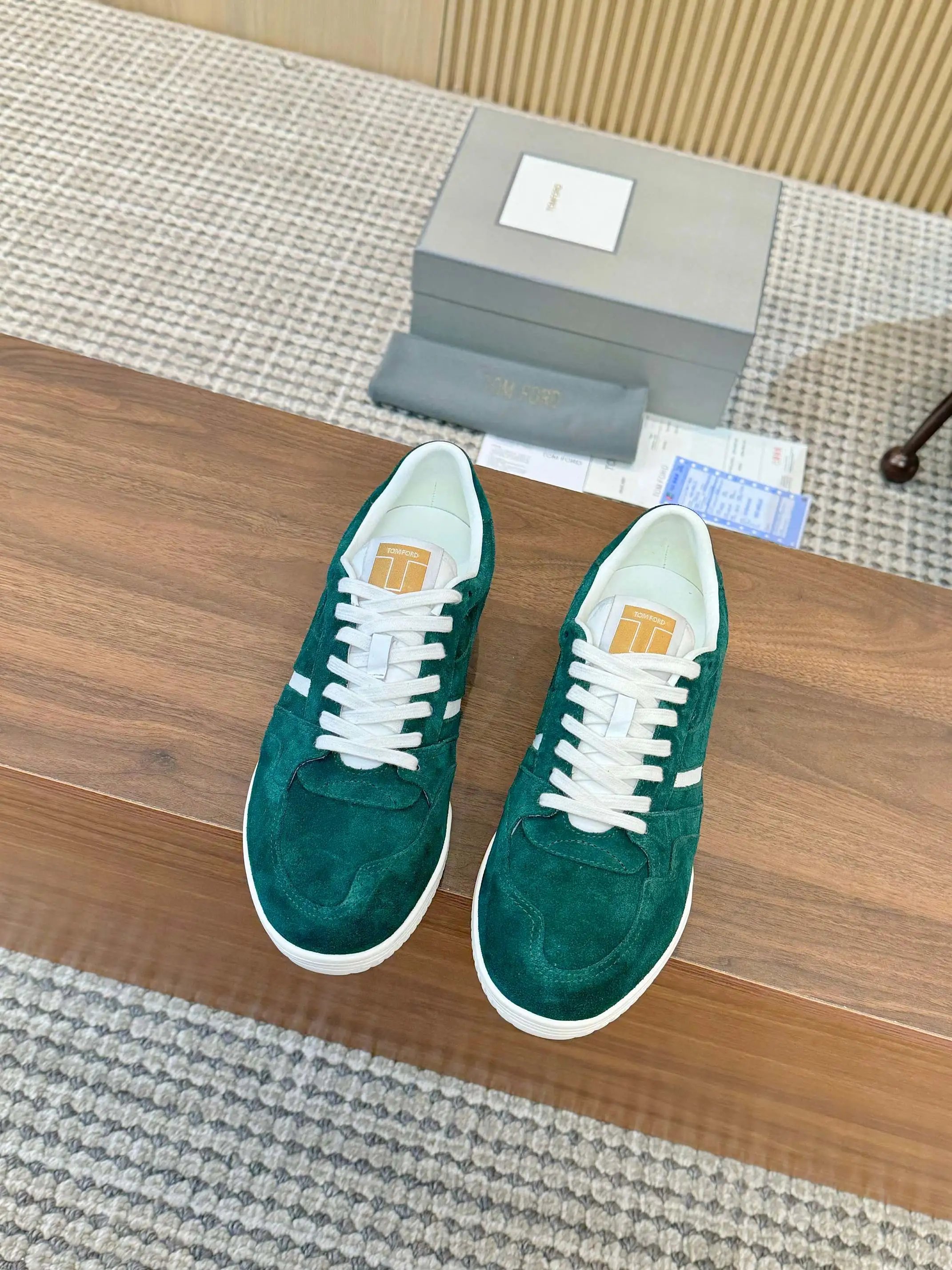 Tom Ford Denim Low Top Sneaker Green Suede White