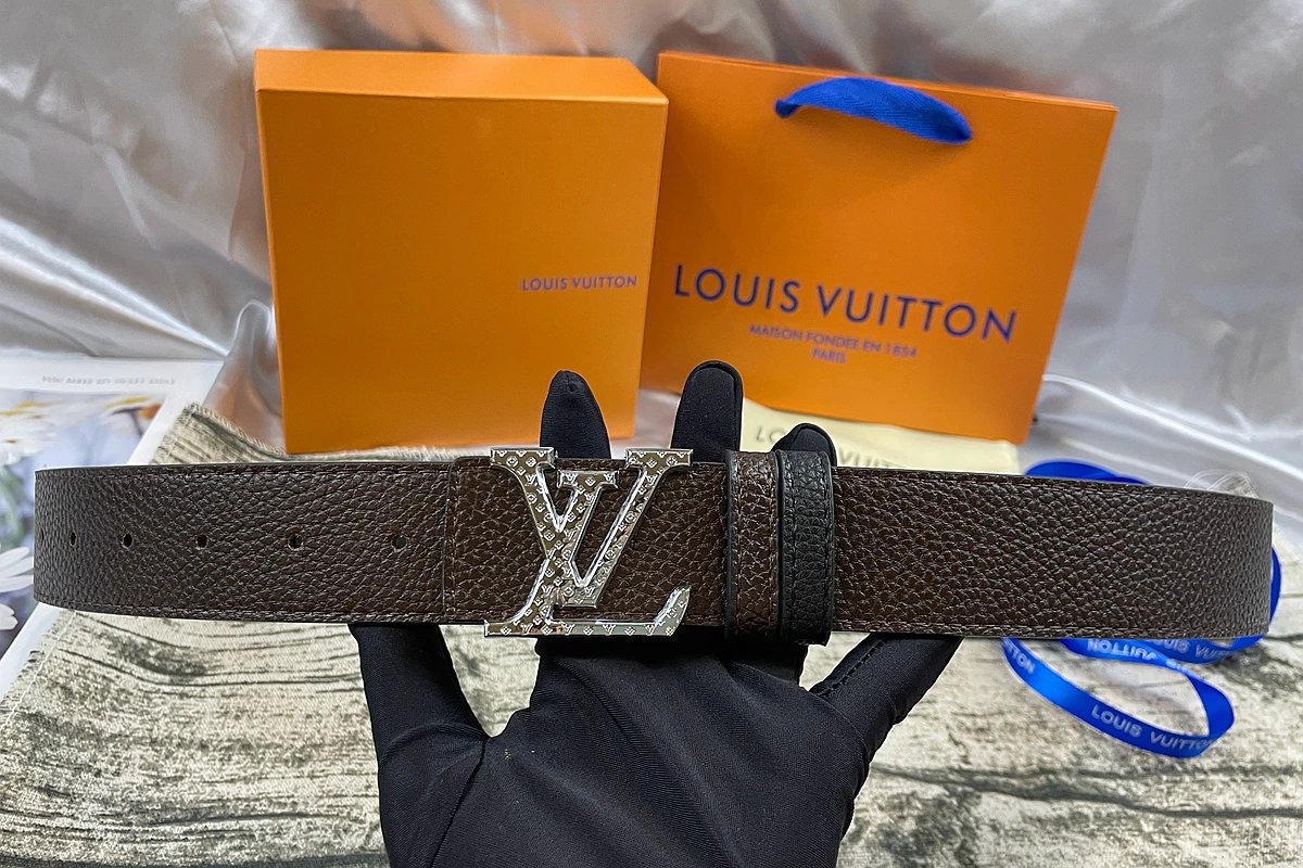 Louis Vuitton Initiales Reversible Belt Studded Silver Buckle Dark Brown Black