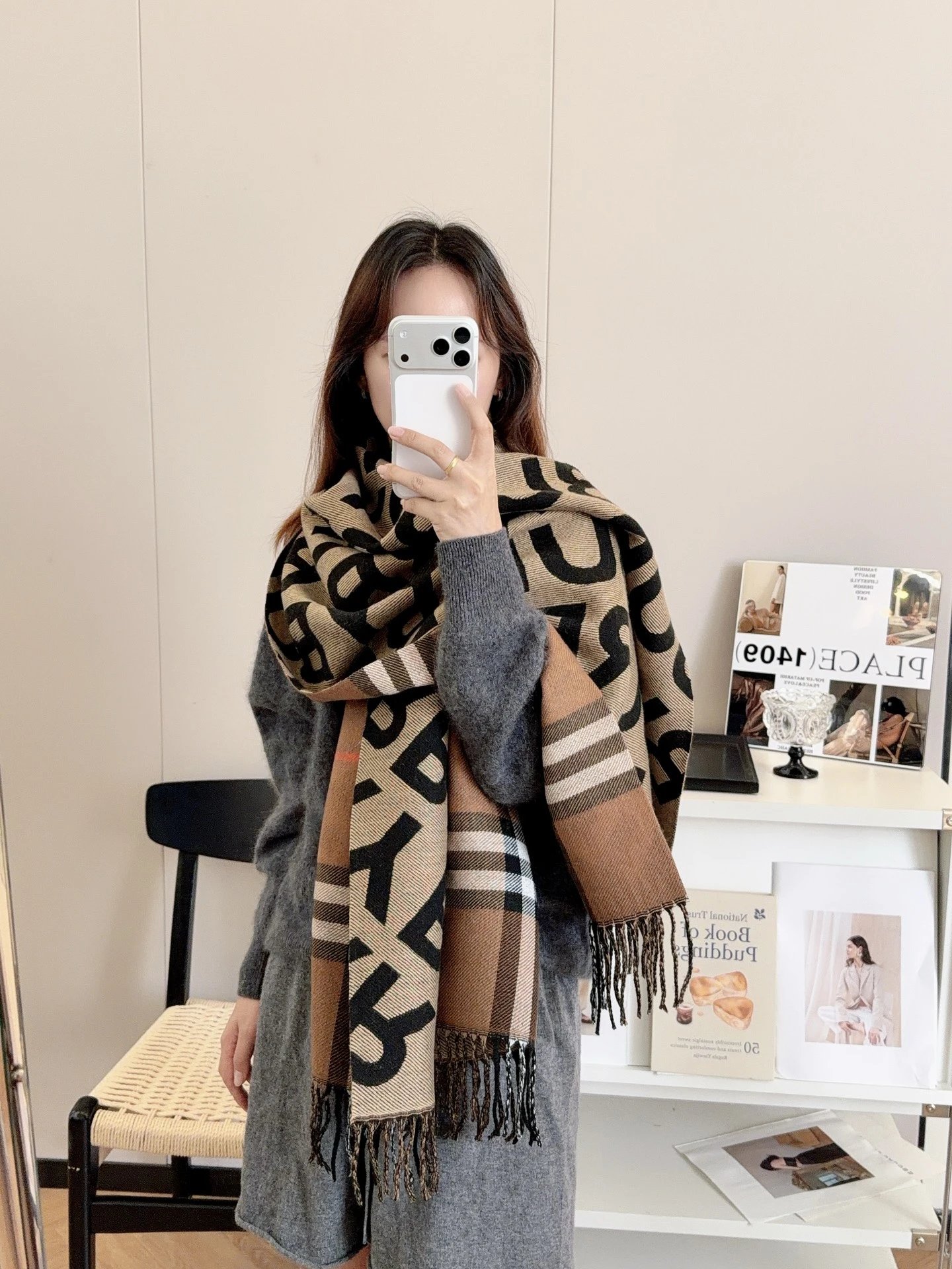Burberry Logo Print Shawl Scarf Black Beige Scarves - 15