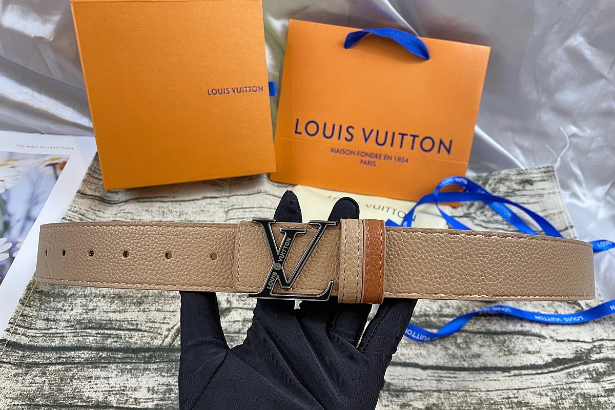 Louis Vuitton Initiales Reversible Belt Engraved Black Buckle Beige Tan