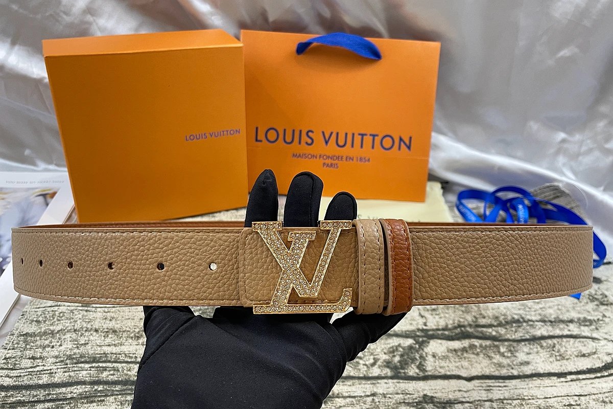 Louis Vuitton Initiales Reversible Belt Crystal Gold Buckle Beige Tan