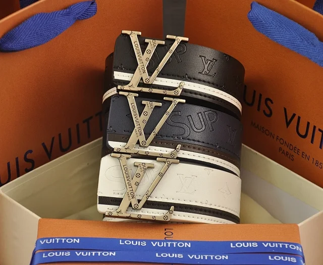 Louis Vuitton Belts LV Initiales buckle embossed monogram belt with contrast stripe product detail image 4