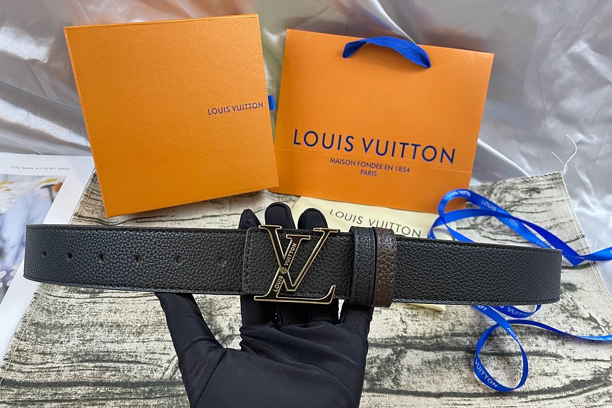 Louis Vuitton Initiales Reversible Belt Engraved Silver Buckle Black Brown