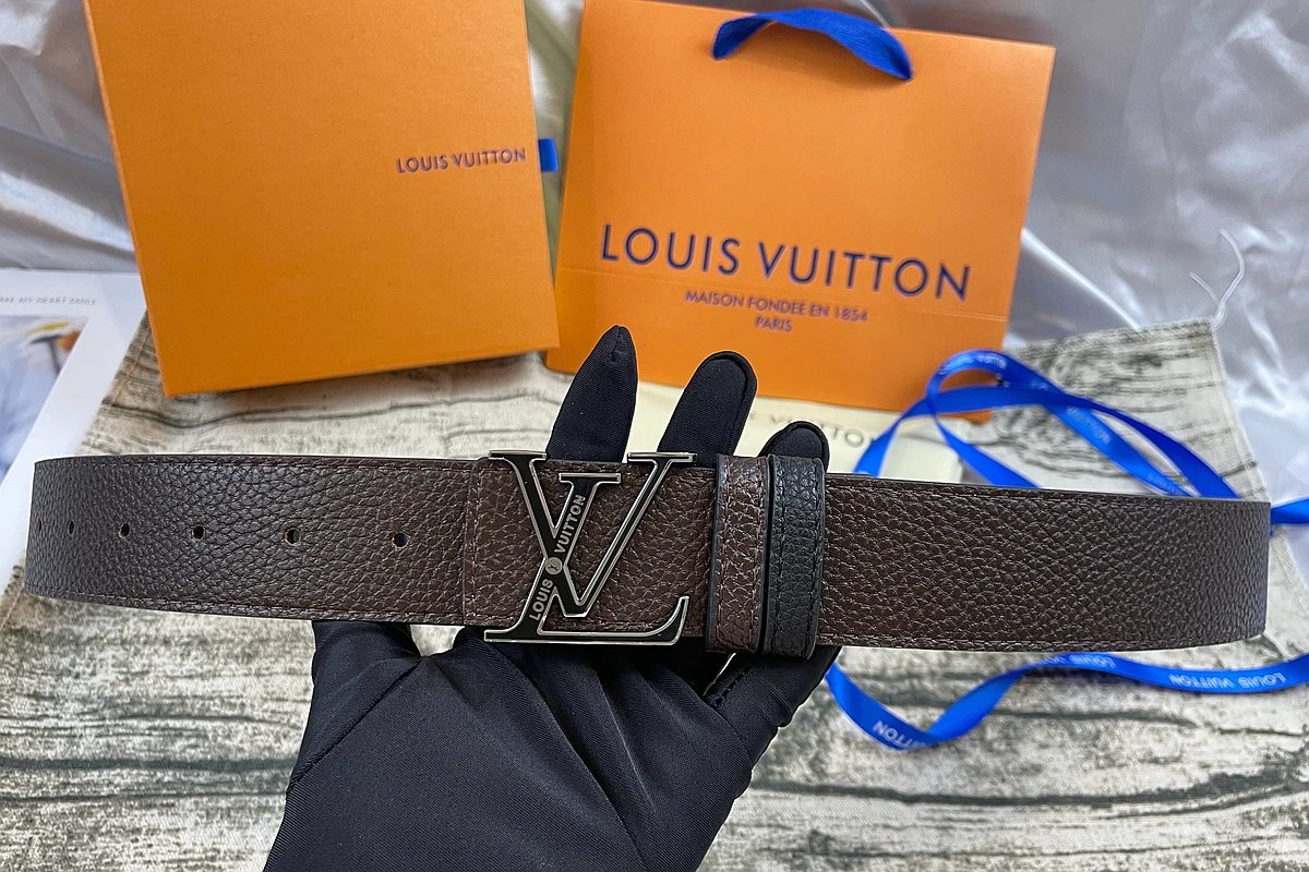 Louis Vuitton Initiales Reversible Belt Engraved Silver Buckle Dark Brown Black