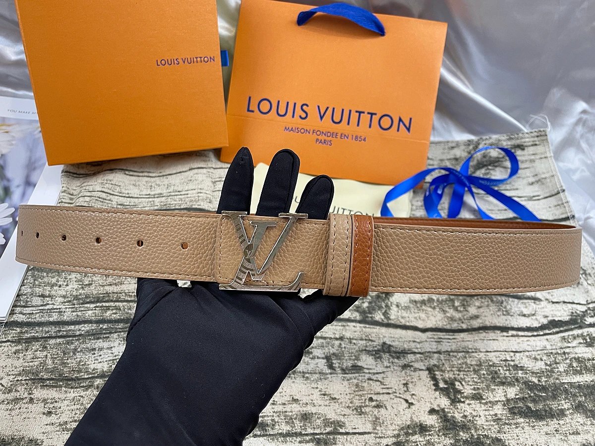 Louis Vuitton Initiales Slim Reversible Belt Silver Buckle Beige Tan