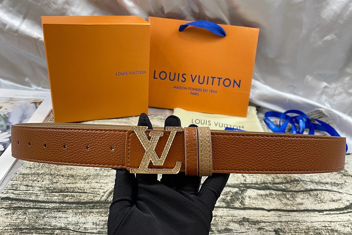 Louis Vuitton Initiales Reversible Belt Crystal Gold Buckle Tan Beige
